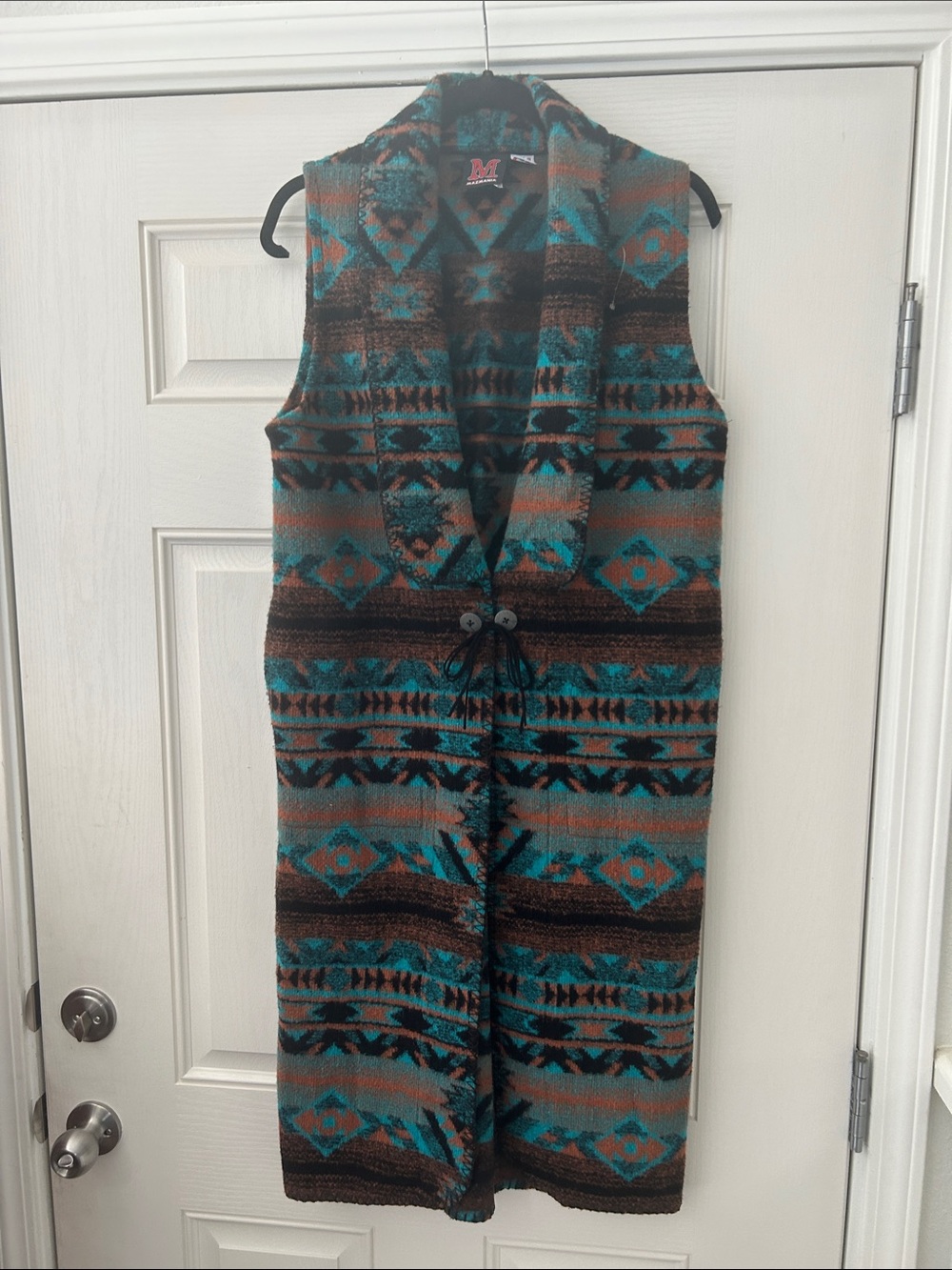 Boho Aztec Knit Long Vest Dress in Teal and Brown